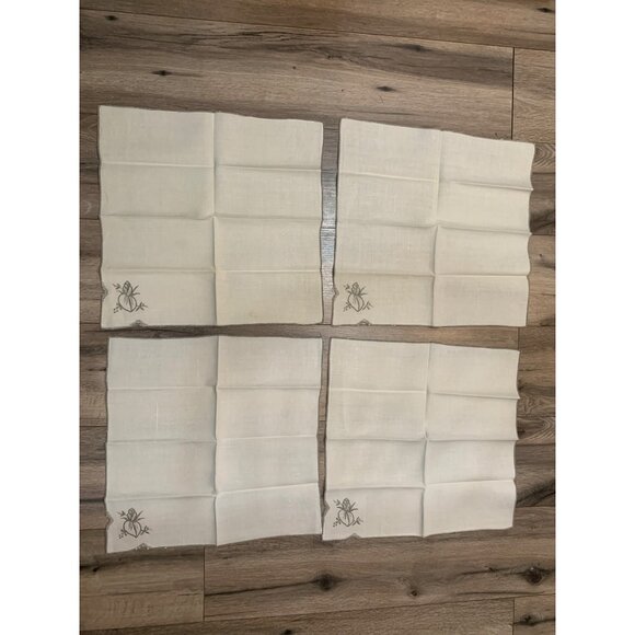 Set Of 8 Vintage Embroidered Rosebud Floral Cutout Linen Napkins Cream Gray - Picture 4 of 4
